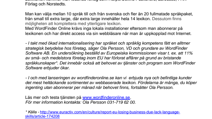 WordFinder Software lanserar en webbaserad lexikontjänst - WordFinder Online 
