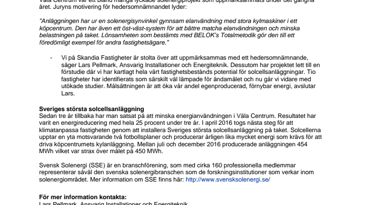 Hedersomnämnande till Väla när Solenergipriset delades ut