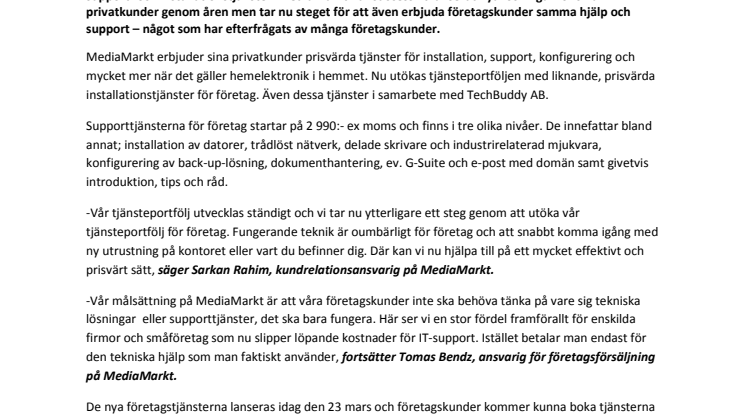 MediaMarkt lanserar supporttjänster för företag