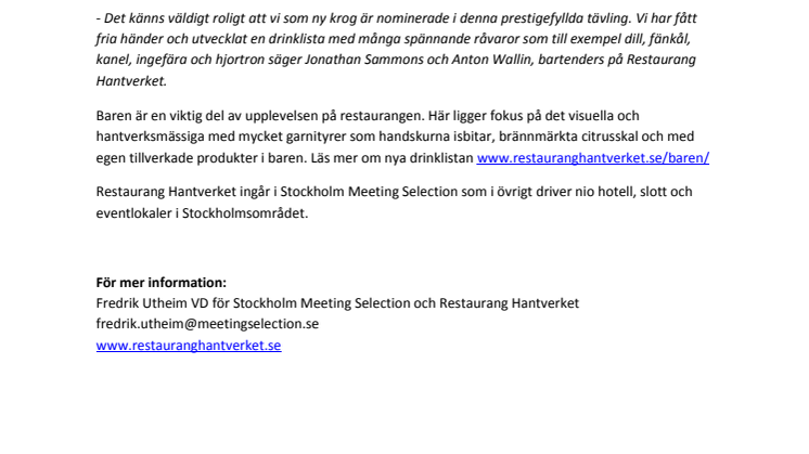 Hantverket nominerad i kategorin årets nykomling i Bartenders’ Choice Award