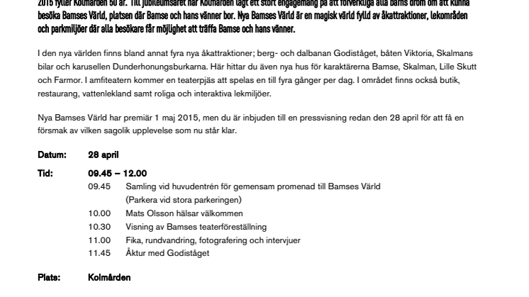 Pressinbjudan - Visning av nya Bamses Värld på Kolmården