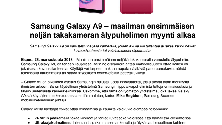 Samsung Galaxy A9 – maailman ensimmäisen neljän takakameran älypuhelimen myynti alkaa