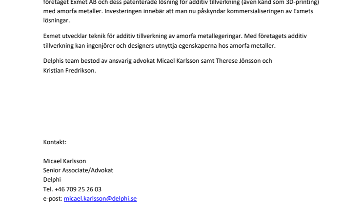 Delphi rådgivare till AM Ventures vid investering i Exmet AB
