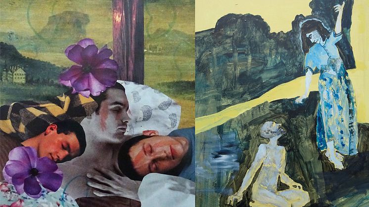 Collage av Isabella Westerling, och Tommy E Westerlings Stående kvinna möter sittande man på knä i Örtagården, 2015. Verken är beskurna.