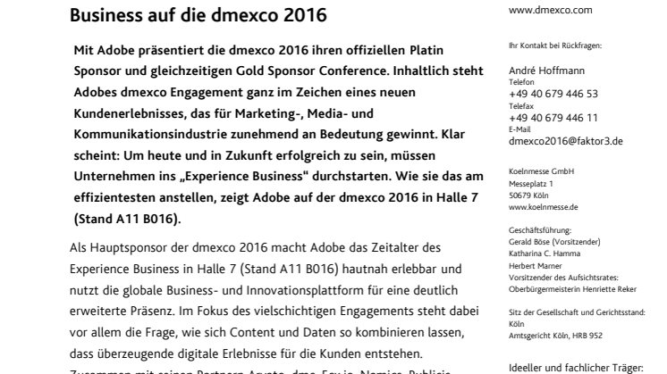 Hauptsponsor Adobe bringt das Experience Business auf die dmexco 2016