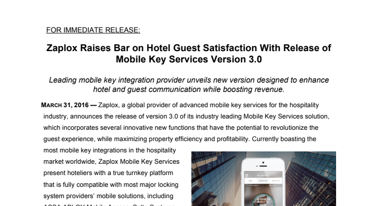 Zaplox Raises Bar on Hotel Guest Satisfaction With Release of Mobile Key Services Version 3.0 