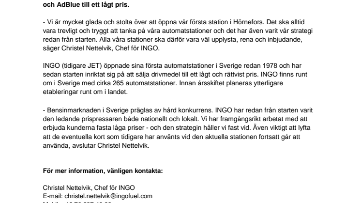 INGO har öppnat ny automatstation i Hörnefors