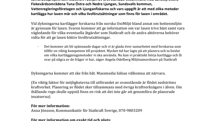 Statkraft genomför dykningar i nedre Ljungan för att ta reda på hur laxen mår