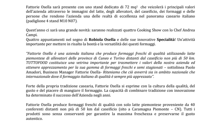 FATTORIE OSELLA PROTAGONISTA A TUTTOFOOD 2015