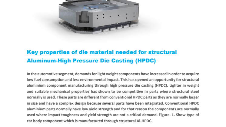 New technical article: Key properties of die material needed for structural Aluminum-High Pressure Die Casting (HPDC)