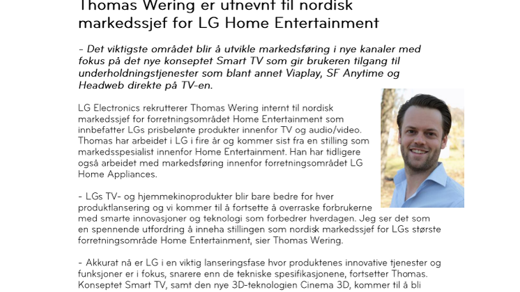Thomas Wering er utnevnt til nordisk markedssjef for LG Home Entertainment