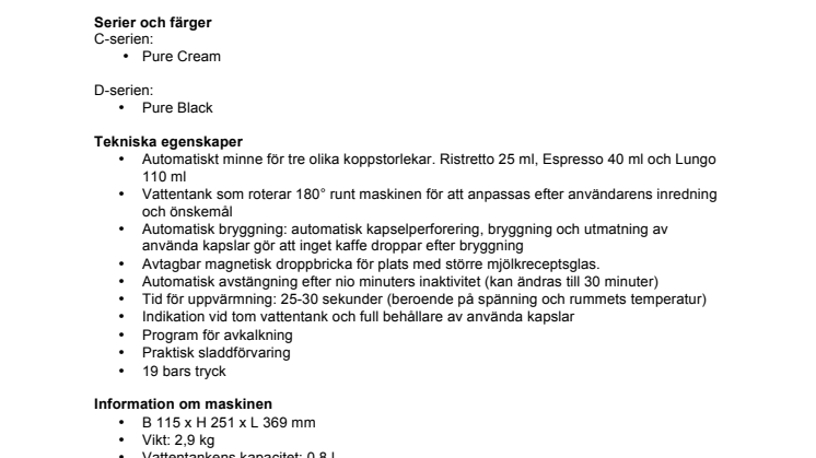 Faktablad Nespresso U
