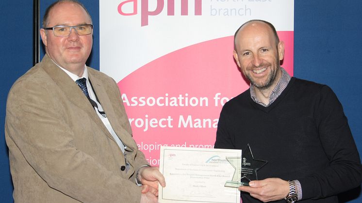 Dr Allan Osborne, Principal Lecturer in Project Management at Northumbria presents Mark Elliott with the Association for Project Management North East Dissertation Prize.