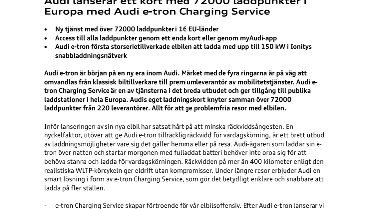Audi lanserar ett kort med 72000 laddpunkter i Europa med Audi e-tron Charging Service