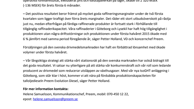 Starkt första halvår för Preem 