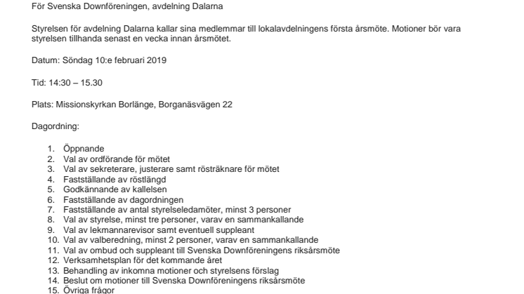 Kallelse till årsmöte i Svenska Downföreningen Avdelning Dalarna