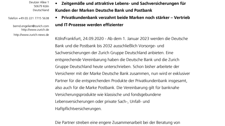 Zurich Gruppe Deutschland und Deutsche Bank weiten exklusive Partnerschaft auf die Marke Postbank aus 