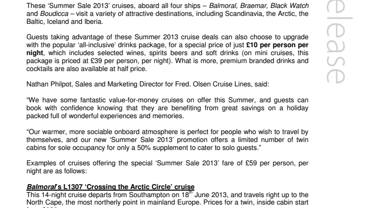 Fred. Olsen Cruise Lines launches ‘Summer Sale 2013’