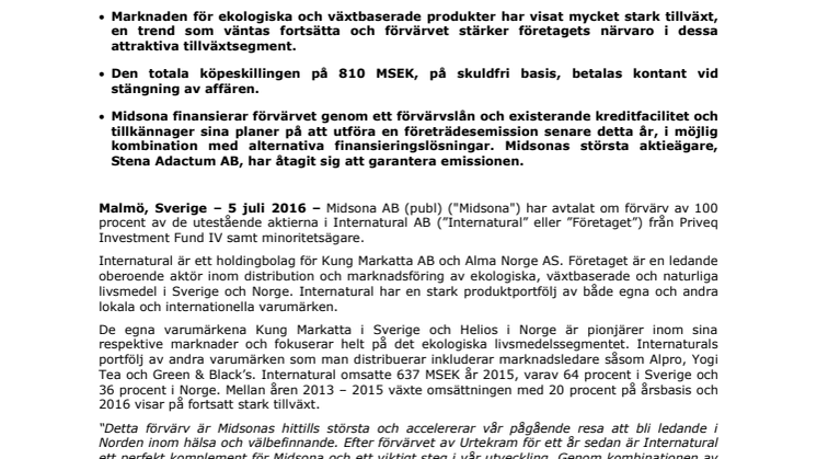 Midsona förvärvar Internatural med varumärkena Kung Markatta (Sverige) och Helios (Norge)