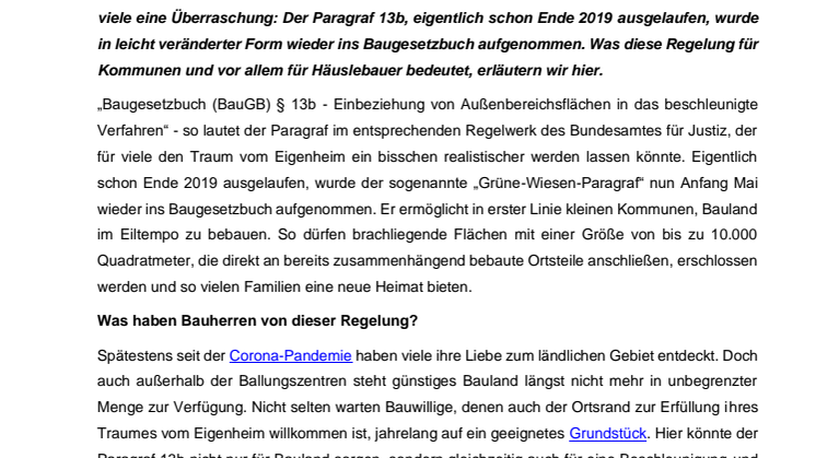 Neues Bauland schaffen – eine Neuerung im Baugesetzbuch macht’s möglich!