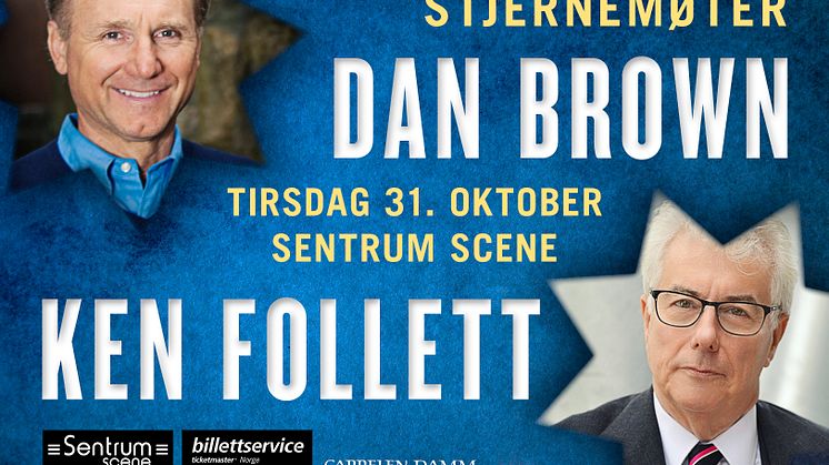 Tilsammen har de solgt rundt 360 millioner bøker og de har toppet internasjonale bestselgerlister. Det blir en verdensbegivenhet når Dan Brown og Ken Follett 31 oktober står på Sentrum Scene. 