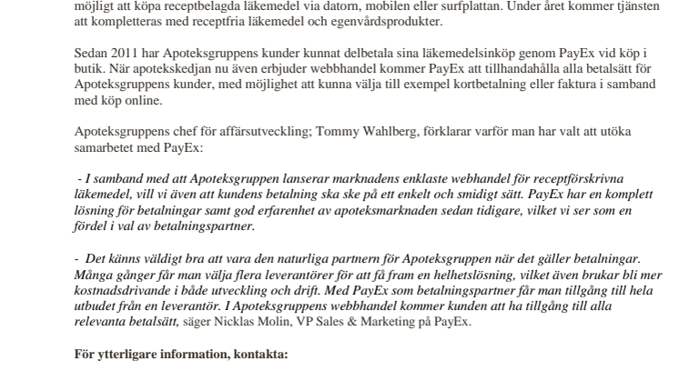 ​Apoteksgruppen väljer PayEx betallösningar till sin webbhandel