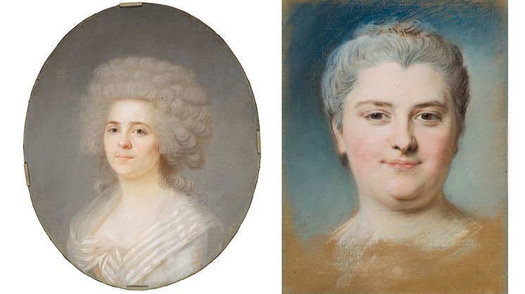 Joseph Boze, Portrait of Rose Bertin. Maurice Quentin de la Tour, Portrait of an Unknown Woman. Photo: Cecilia Heisser and Anna Danielsson/Nationalmuseum. 