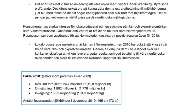 Norrmejerier gör ett positivt resultat 2010 - extra betalning till Norrlands mjölkbönder