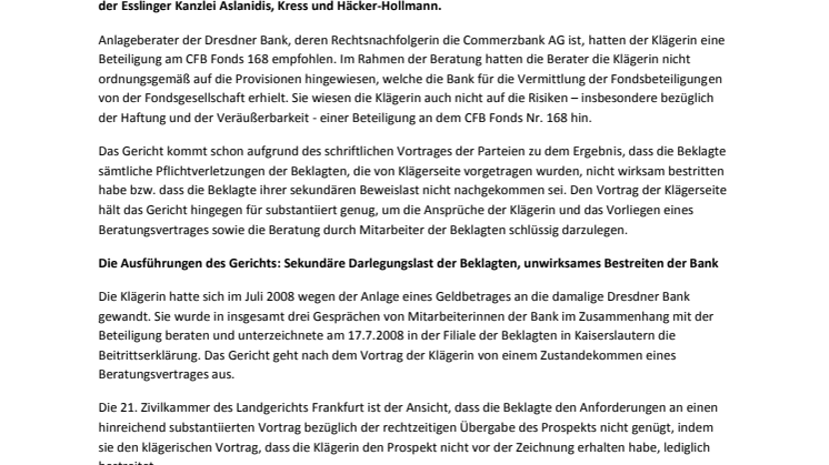 Landgericht Frankfurt verurteilt Commerzbank AG zu Schadensersatz wegen einer Beteiligung am CFB Fonds Nr. 168