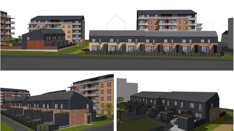 På natursköna Pålsjö Äng blir det drygt 70 nya bostäder. Radhusen i två plan är omkring 100 kvm. Skiss: Möller Arkitekter i Ängelholm