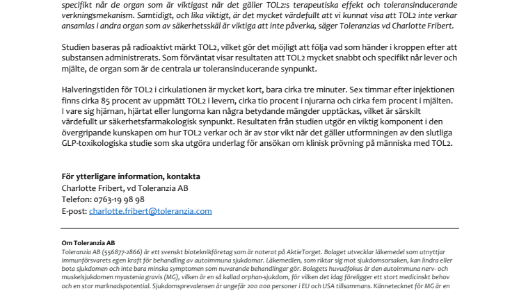 Toleranzia rapporterar en framgångsrik distributionsstudie med TOL2