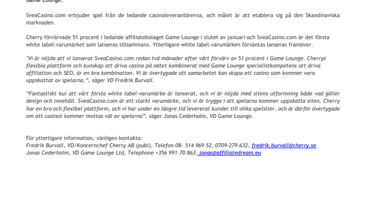 Cherry och Game Lounge har lanserat sin första white label – SveaCasino.com