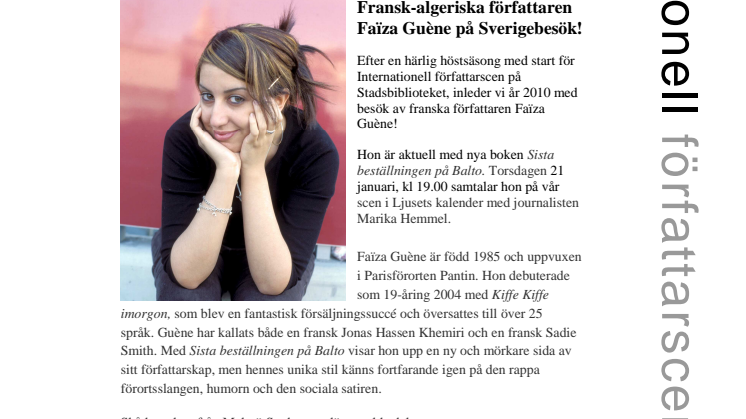 Stadsbiblioteket: Fransk-algeriska författaren Faïza Guène på Sverigebesök!