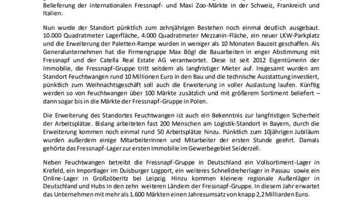 Jubiläum und Erweiterung: Fressnapf-Logistik-Standort Feuchtwangen feiert 10jähriges Bestehen und wächst deutlich
