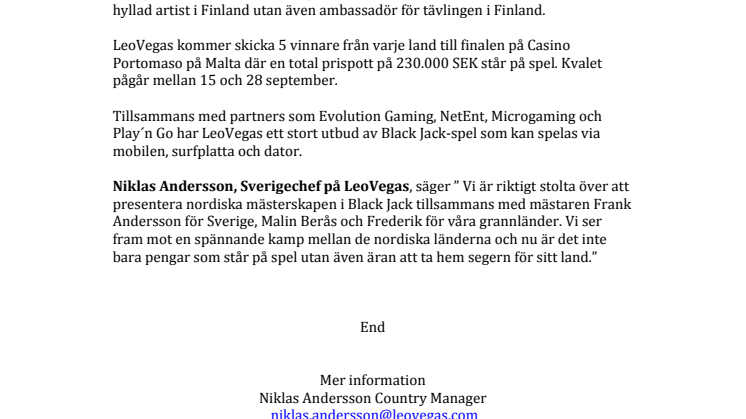 LeoVegas.com presenterar -  Black Jack Nordic Championship.