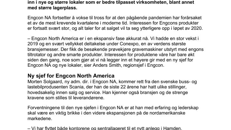 Engcon North America tar neste skritt på vekstreisen