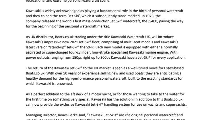 Kawasaki Jet-Skis® Return to UK Shores with Impressive 2021  New Model Line-Up