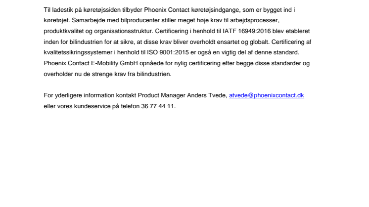 Phoenix Contact E-mobility er certificeret i henhold til IATF 16949