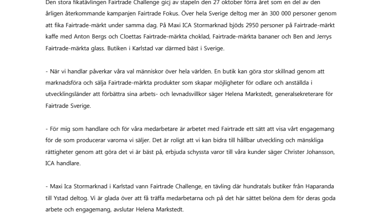 Pris till Maxi ICA Stormarknad i Karlstad för seger i Fairtrade Challenge