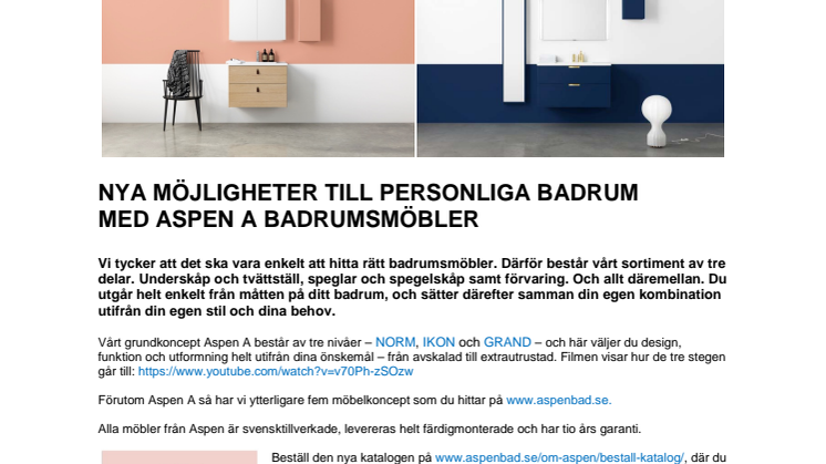 Nya möjligheter till personliga badrum med Aspen A badrumsmöbler