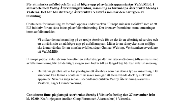 Insamling av föremål startar på Återbruket Stenby i Västerås fredag den 27 november – under veckan ”Europa minskar avfallet”