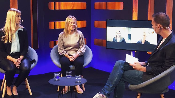 Térèse Kuldkepp, Incoord och Anna Wenner, Skanska Sverige i samspråk med Fredrik Bauer, programledare. På länk: Petter Bengtsson, Zynka BIM och Tobias Andersson, Sveab.