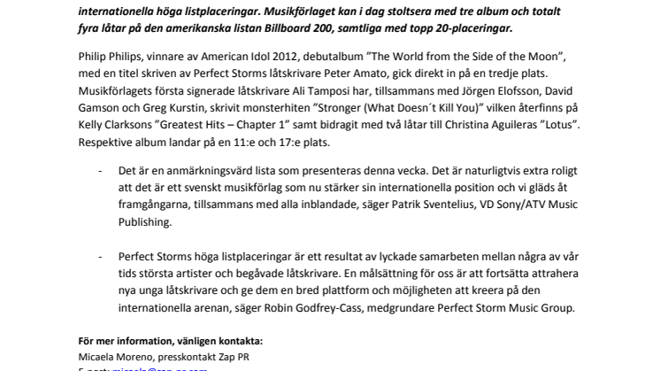 Nouvago Capital ABs portföljbolag Perfect Storm gör succé med tre topp 20-placeringar på Billboardlistan i USA 