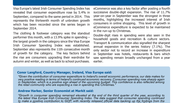Visa Europe's Irish Consumer Spending Index - 12 October 2015