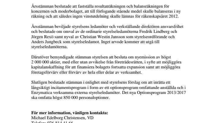 Årsstämma i Enzymatica AB (publ)