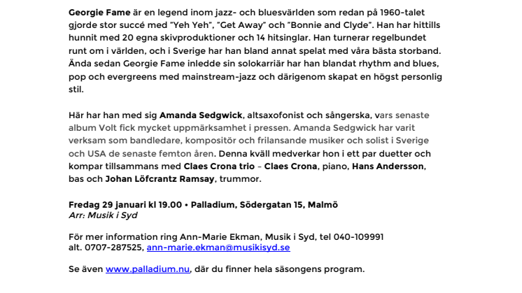 Georgie Fame, Amanda Sedgwick & Claes Crona Trio på Palladium Malmö 29 januari