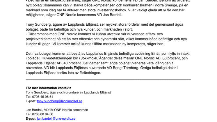ONE Nordic och Lapplands Eltjänst satsar på expansion i Norrbottens län via nytt gemensamt bolag