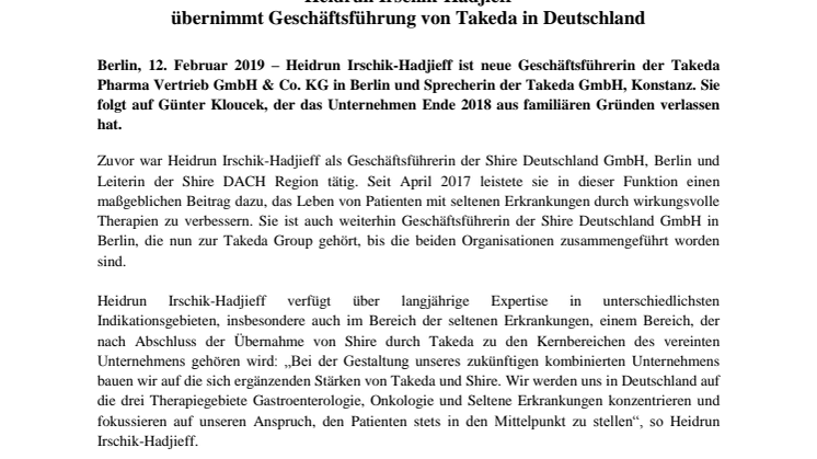 Wechsel in der Geschäftsführung:  Heidrun Irschik-Hadjieff  übernimmt Geschäftsführung von Takeda in Deutschland 