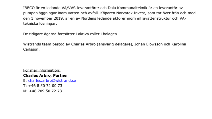 Wistrand biträder vid försäljningen av IBECO och Dala Kommunalteknik till Norvatek Invest