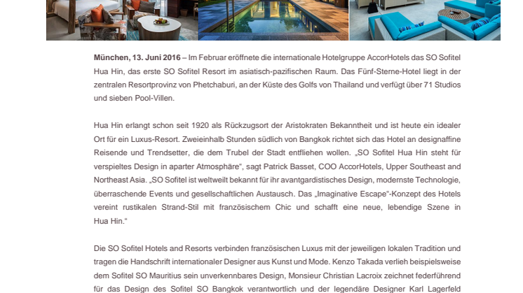 BIENVENUE À HUA HIN –   SO SOFITEL ERÖFFNET ERSTES RESORT IM  ASIATISCH-PAZIFISCHEN RAUM